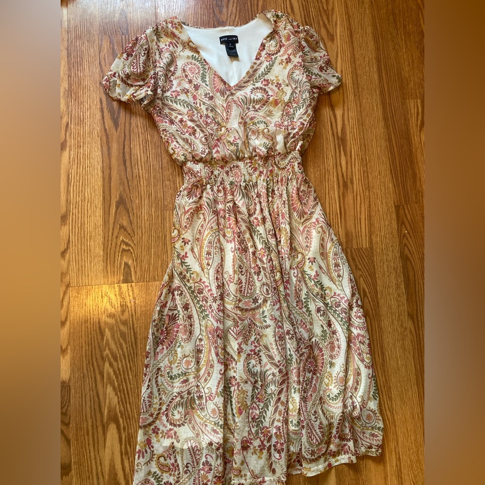 Pink and Green Puff Sleeve V-Neck Midi Sundress
